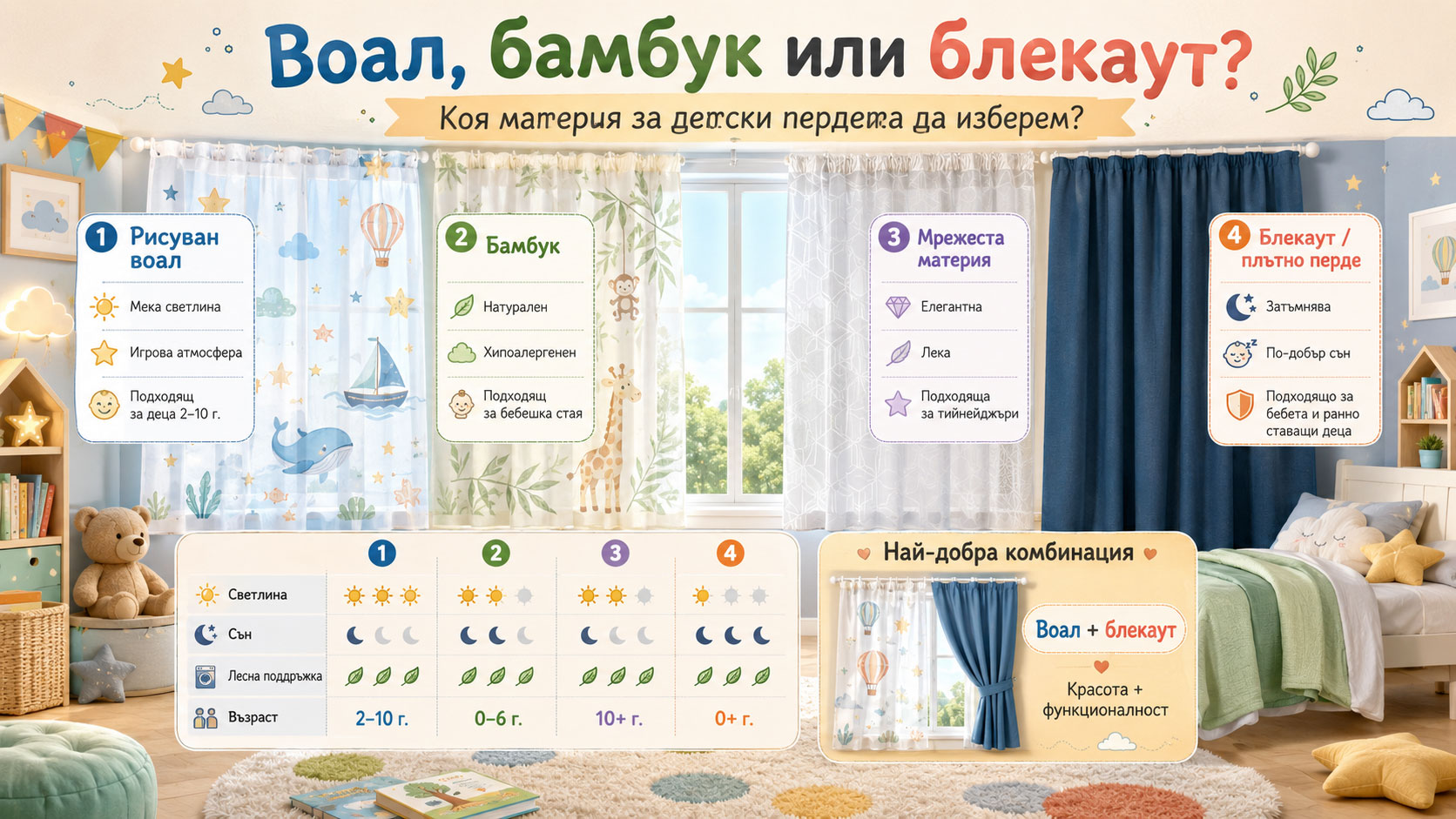 Воал, бамбук или блекаут: коя материя за детски пердета е най-добра