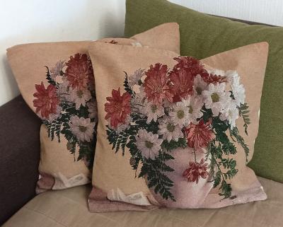 Декоративна калъфка с хризантеми и папрат - винтидж
