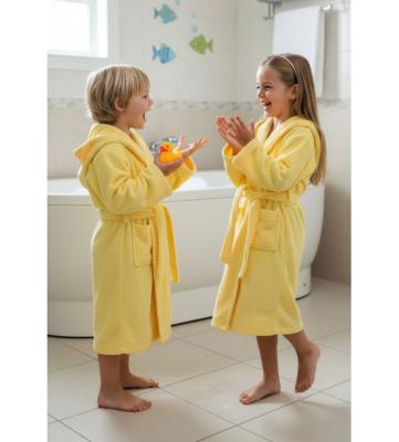 Пухкав жълт памучен детски халат с качулка
